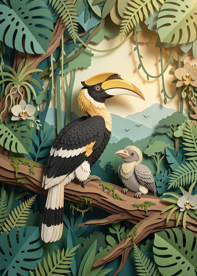 Papercraft Hornbill Birds in Jungle