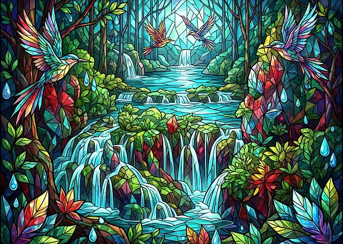 Stained Glass Hummingbird Waterfall Forest
