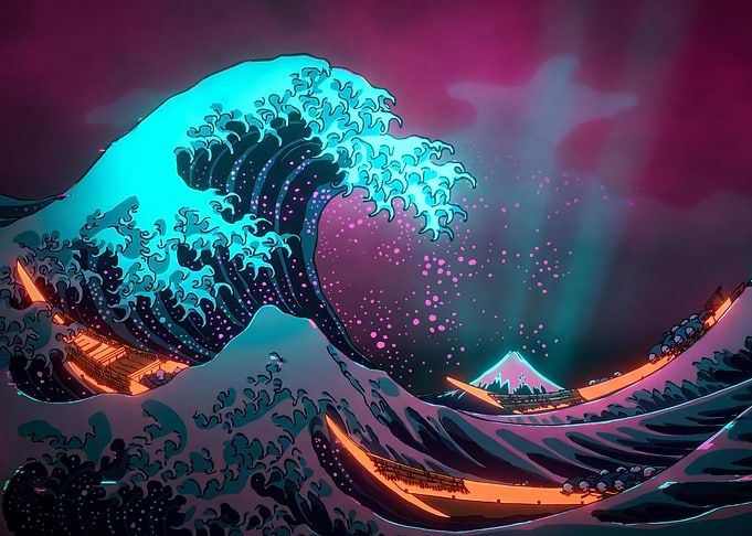 Neon Cyberpunk Great Wave Kanagawa Art