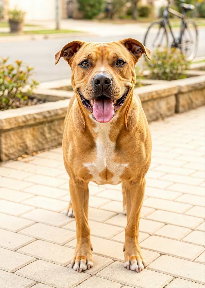 Happy Tan Pitbull Standing Outdoors