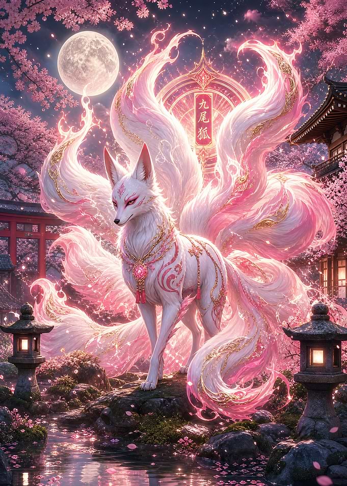 Majestic Nine-Tailed Fox in Cherry Blossoms