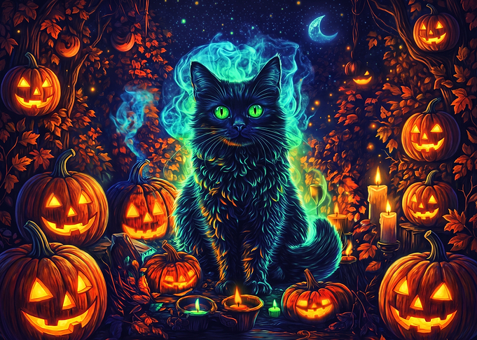 Mystical Black Cat Halloween Scene