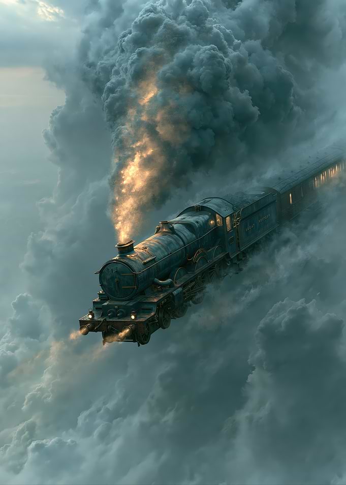 Steam Train Flying Through Clouds