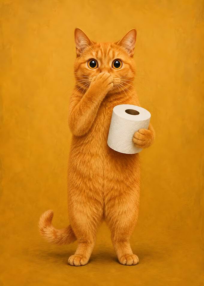 Funny Ginger Cat Holding Toilet Paper