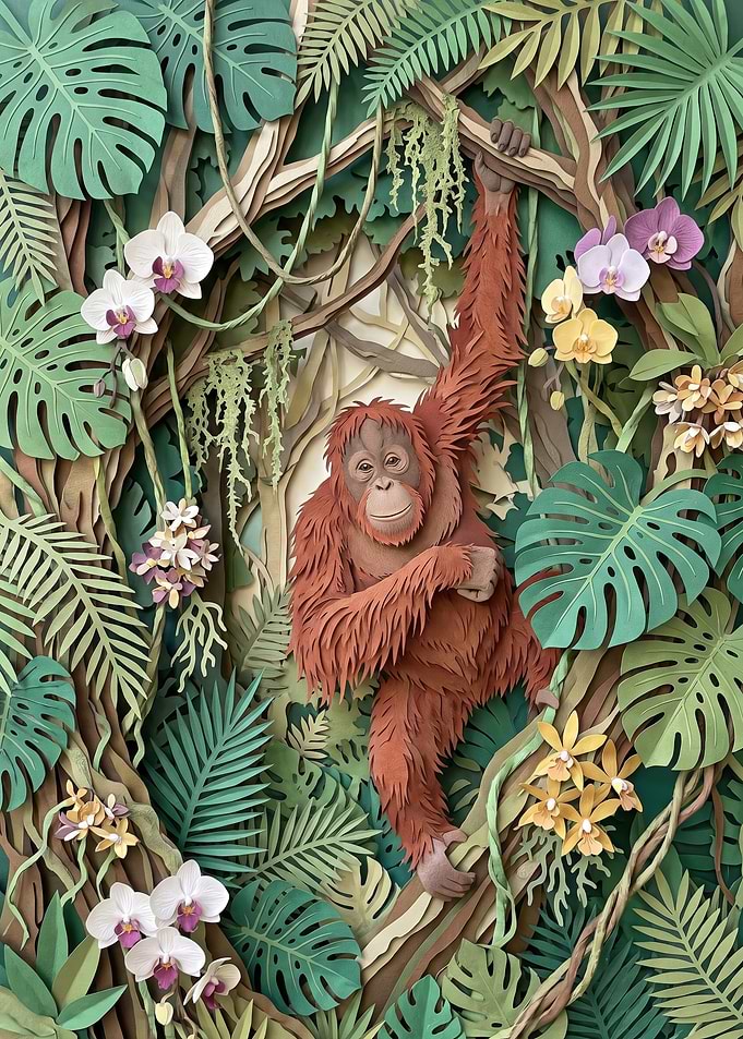Paper Cutout Orangutan in Jungle