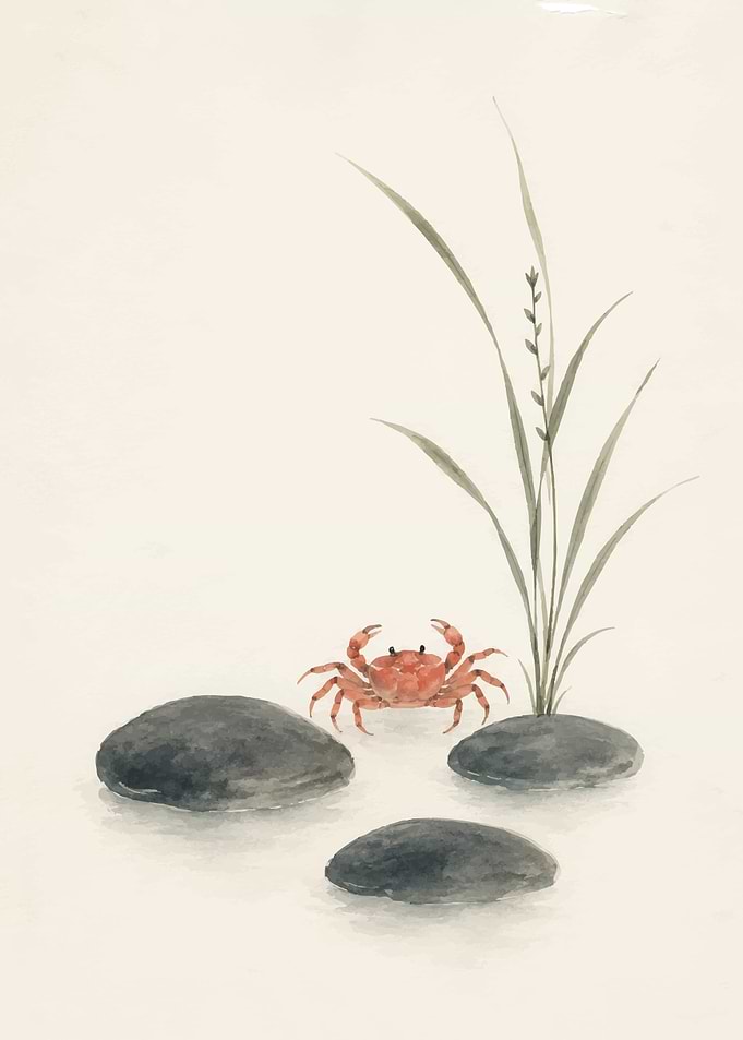 Watercolor Crab Among Stones and Grass