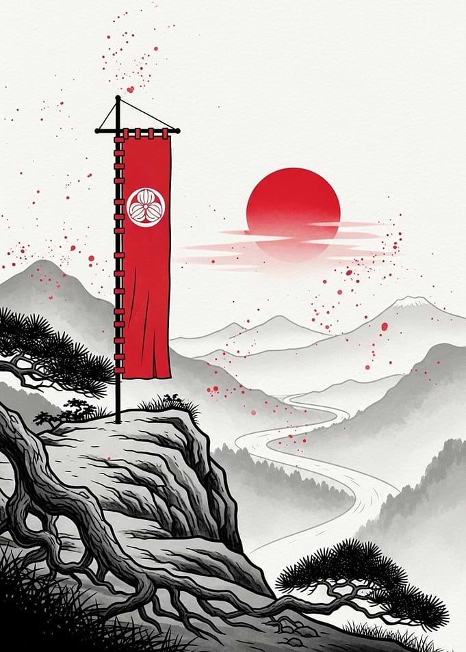 Samurai Banner Over Japanese Landscape