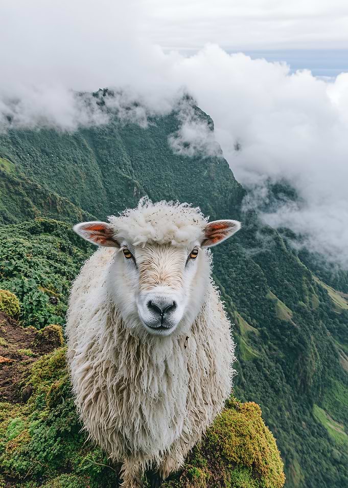 Sheep on a Misty Mountain Peak