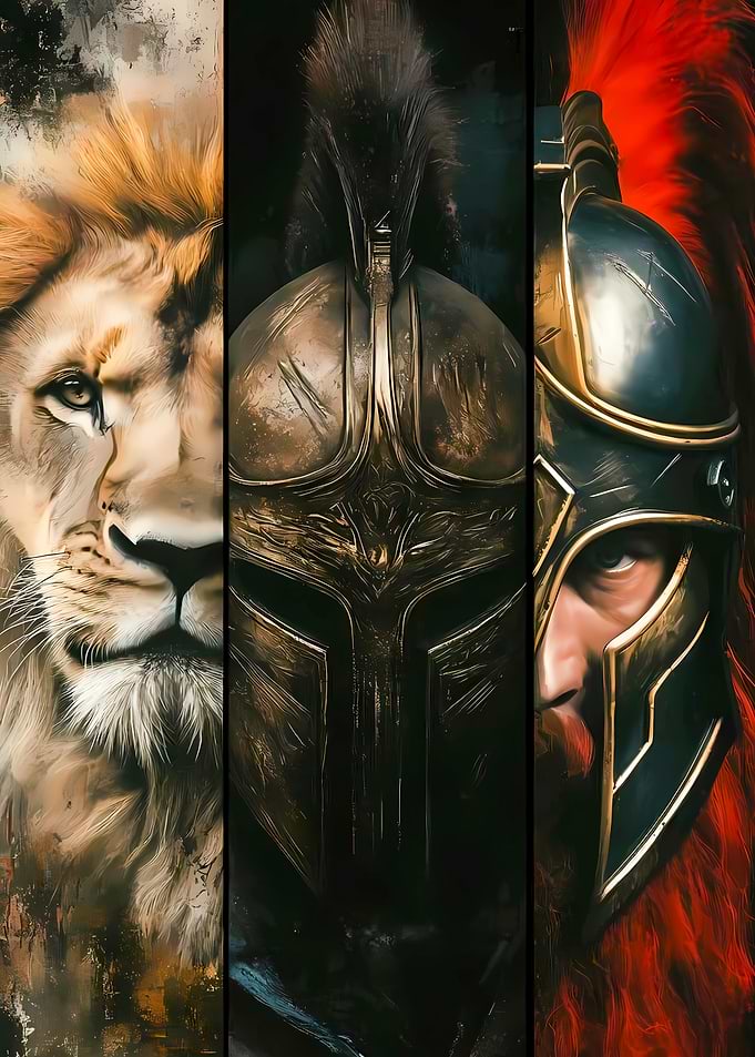 Lion and Spartan Warrior Triptych