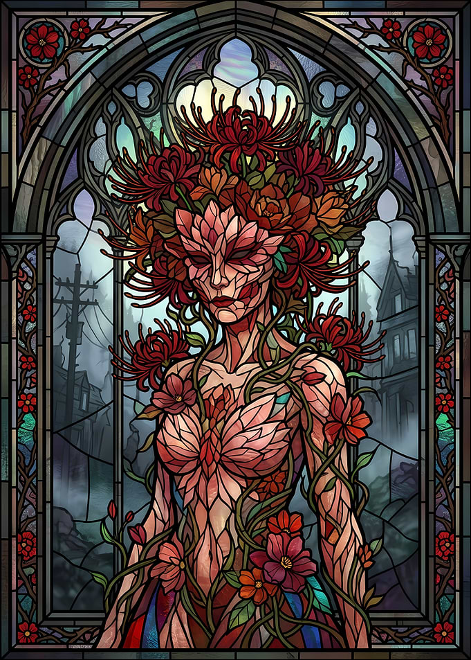 Stained Glass Floral Goddess Portrait