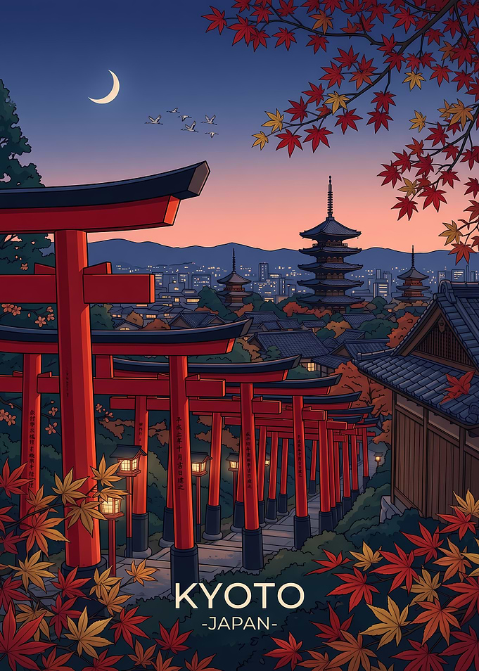 Kyoto Japan Torii Gate Sunset Poster