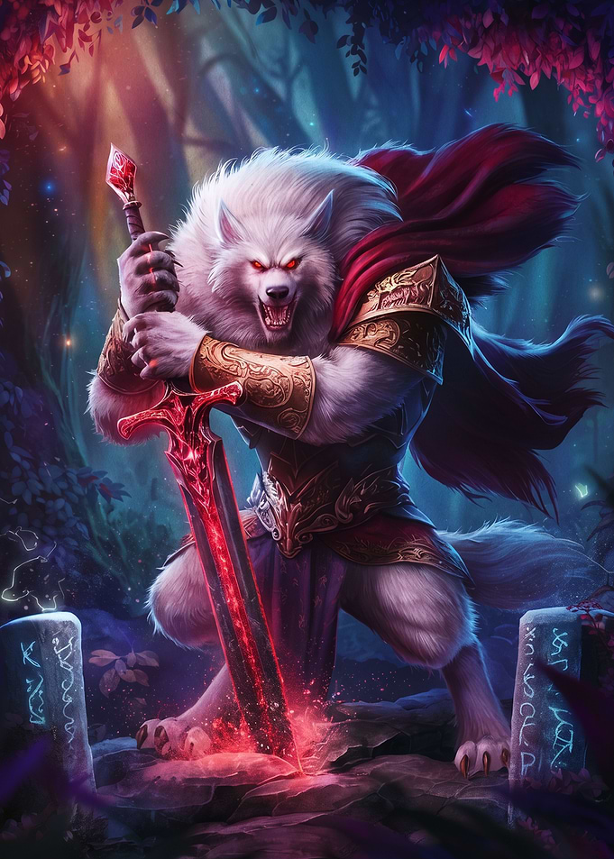 White Werewolf Warrior with Glowing Sword