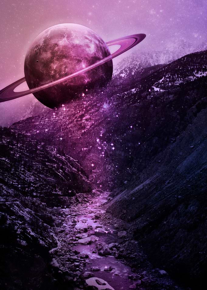 Surreal Purple Planet Over Mountain Valley
