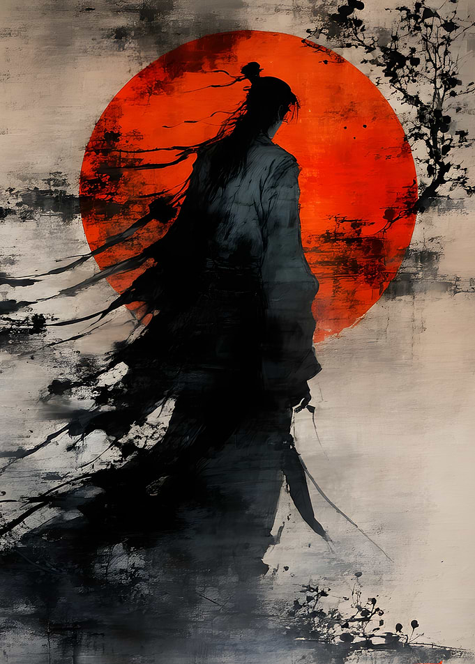 Samurai Silhouette Against Red Sun