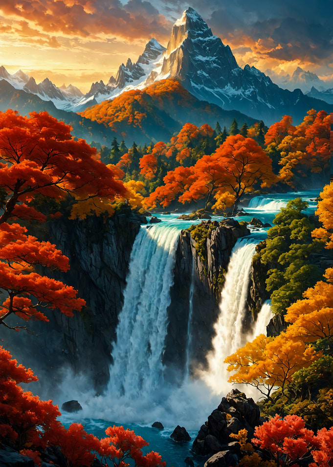 Forest Autumn Waterfall Mountain Landscape