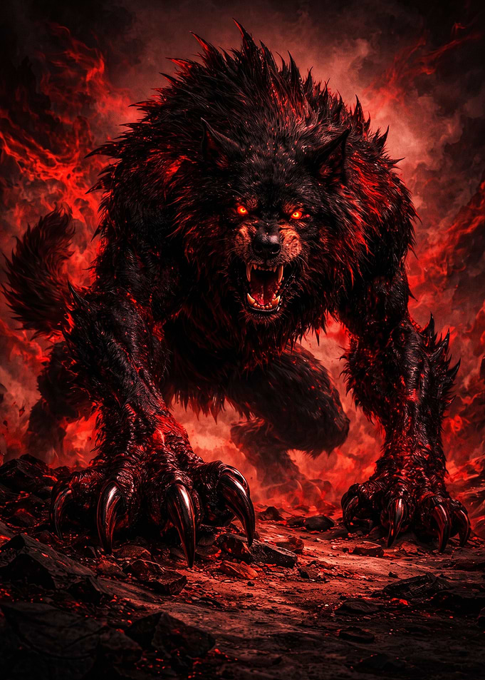 Fierce Hellhound in Red Flames