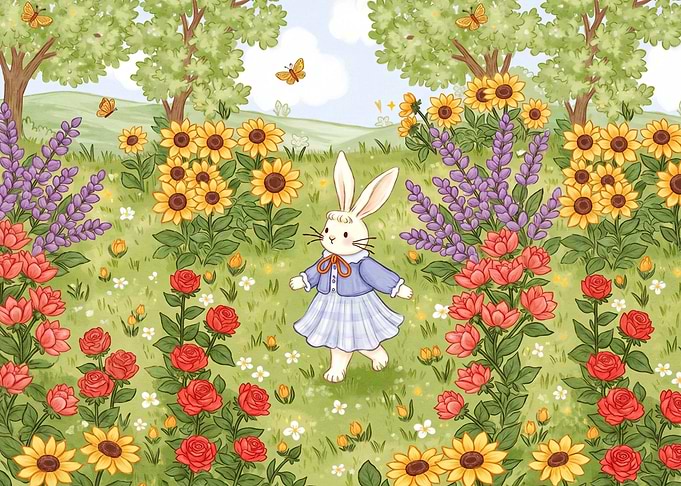 Cute Rabbit in a Flower Garden