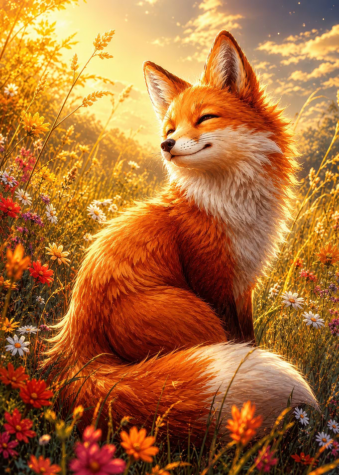 Smiling Fox in Golden Meadow