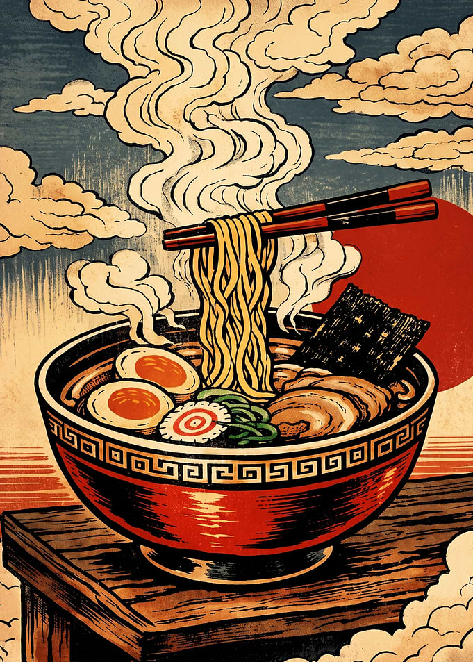Vintage Japanese Ramen Bowl Illustration