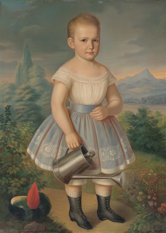 Vintage Portrait of Child with Watering Can