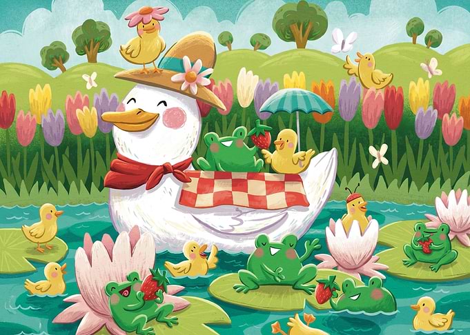 Cute Duck and Frog Picnic Illustration