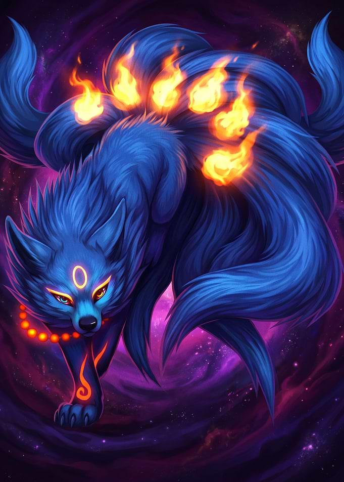 Mystical Blue Nine-Tailed Fox Spirit