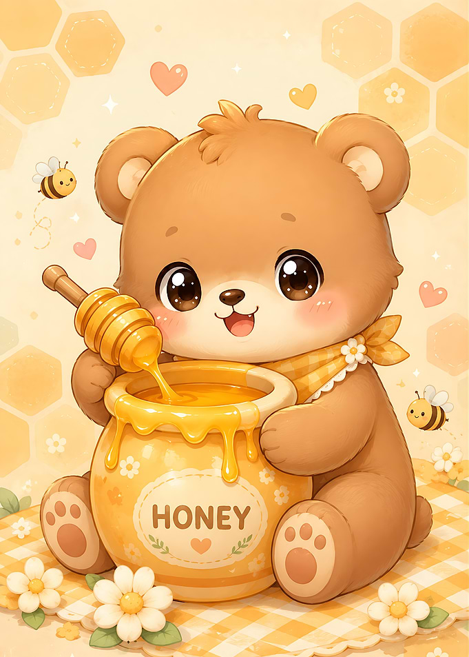 Cute Bear Eating Honey