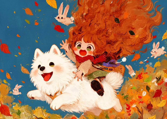 Girl Riding Fluffy Dog in Autumn