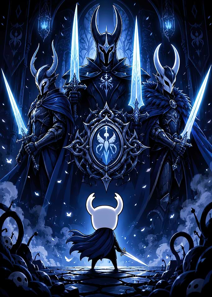 Hollow Knight Facing Three Dark Knights