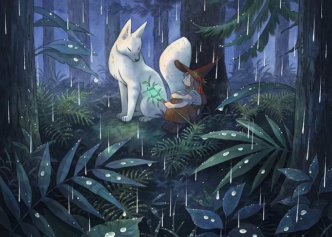 Witch and White Wolf in Rain