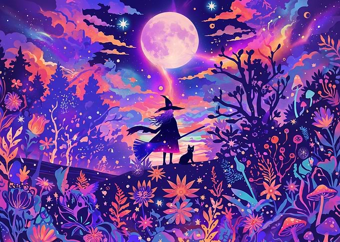 Witch and Cat Under Neon Moon