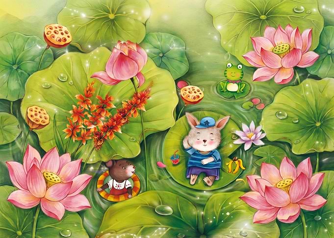 Cute Animals Relaxing on Lotus Pond