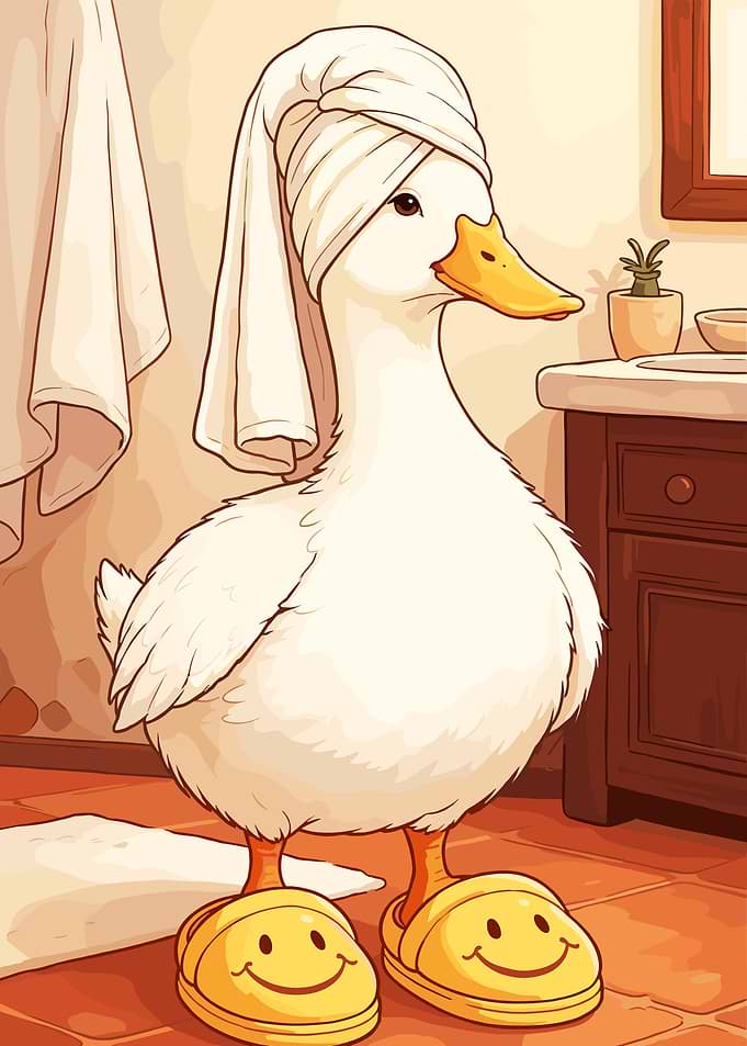 Cute Duck Wearing Towel and Slippers