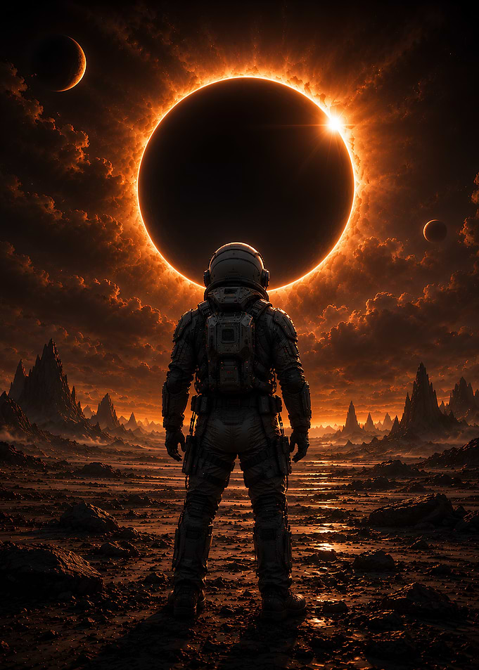 Astronaut Standing Under Solar Eclipse