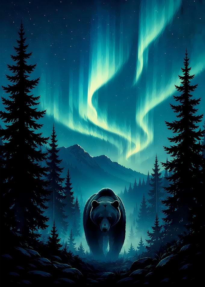 Bear Under Northern Lights