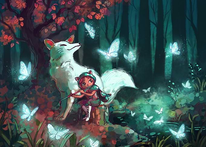 Girl Playing Flute with Giant Fox