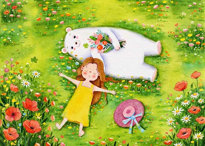 Girl and Polar Bear in Meadow