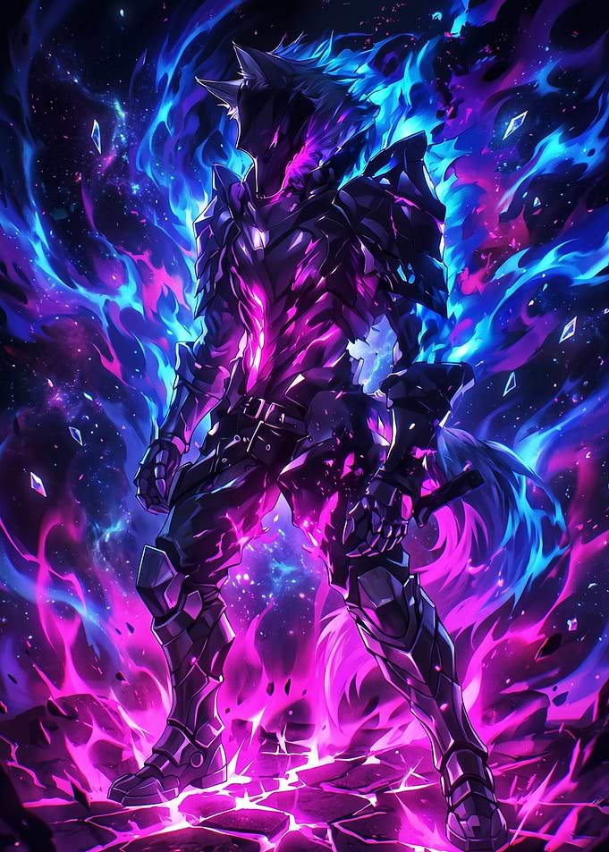 Armored Wolf Warrior in Cosmic Flames