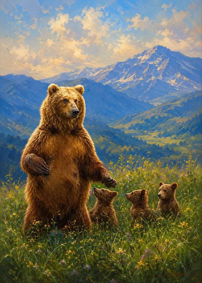 Mother Bear and Cubs in Mountains