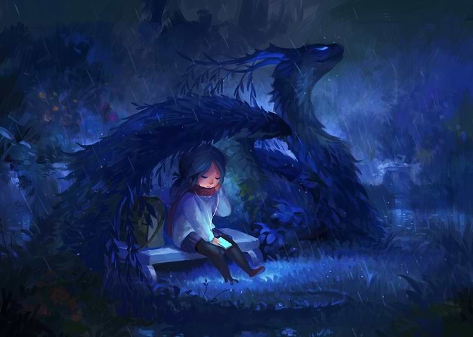 Girl Sheltered by a Blue Dragon
