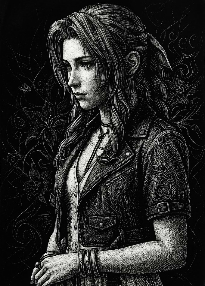 Aerith Gainsborough Scratchboard Style Portrait