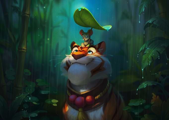 Tiger and Mouse in the Rain