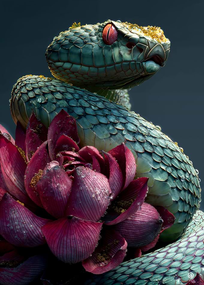 Blue Viper on Dark Flower