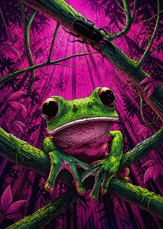 Vibrant Green Frog in Neon Jungle