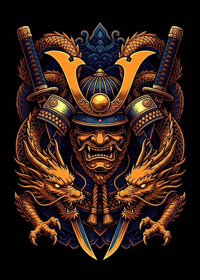Samurai Warrior with Golden Dragons