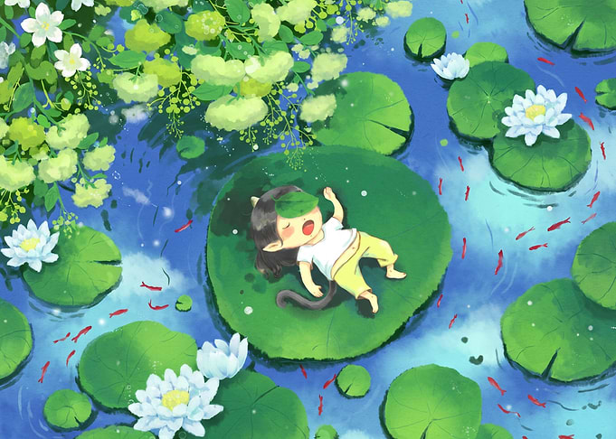 Cat-eared child napping on lily pad