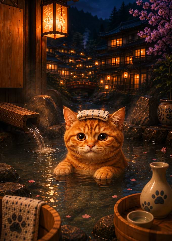 Cute Ginger Cat in Japanese Onsen