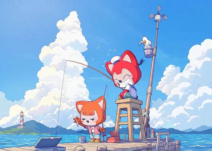 Cute Cartoon Foxes Fishing on Pier