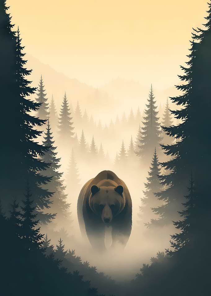Bear Walking Through Misty Forest