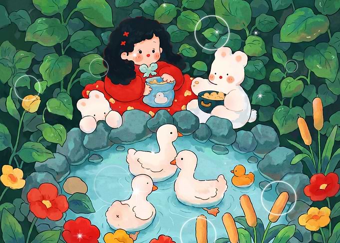 Girl and Bear Feeding Ducks